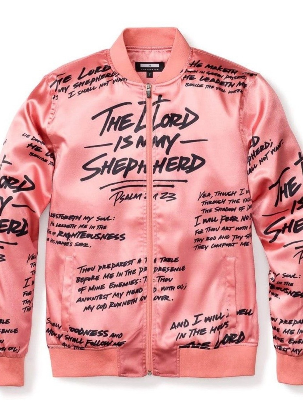 Rose Gold Satin Bomber Jacket with Script Print